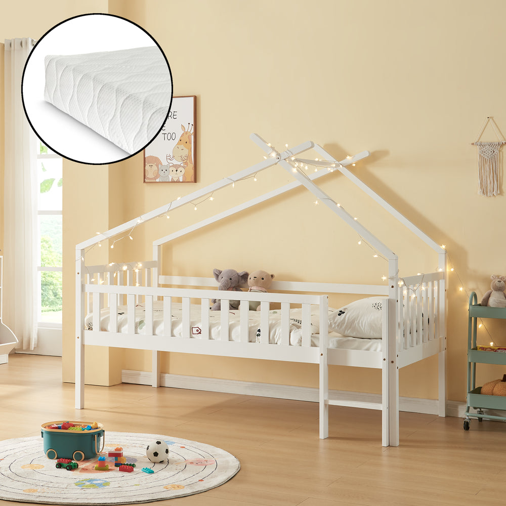 Pat casuta copii Sotkamo 200x90cm 100kg inaltat cu saltea scara si grilaj protectie brad pal [en.casa]