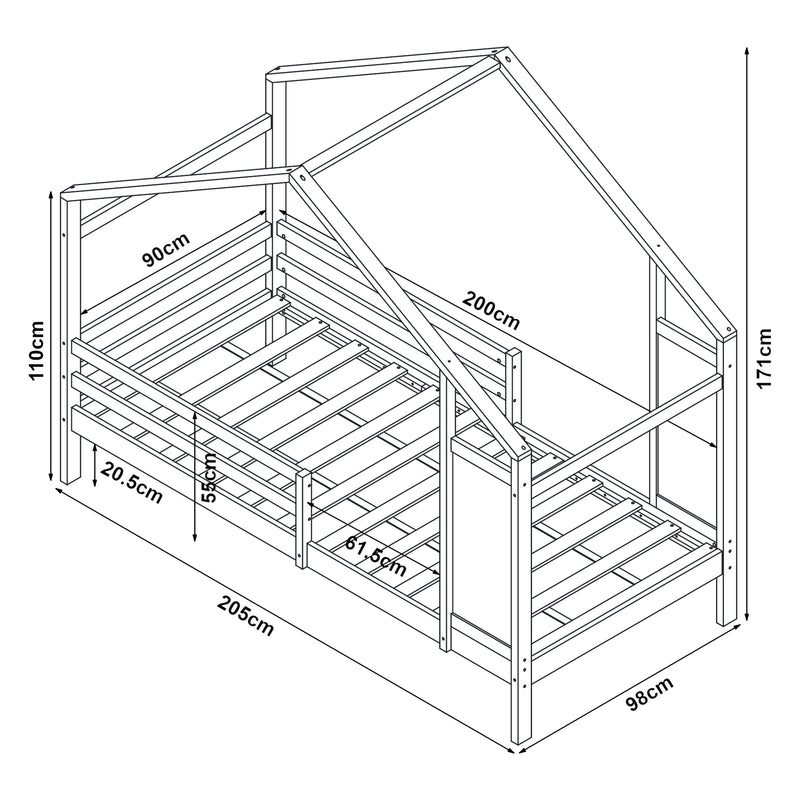 Schiță cotată Pat casuta copii Lorenskog 200x90 cm lemn  [en.casa]