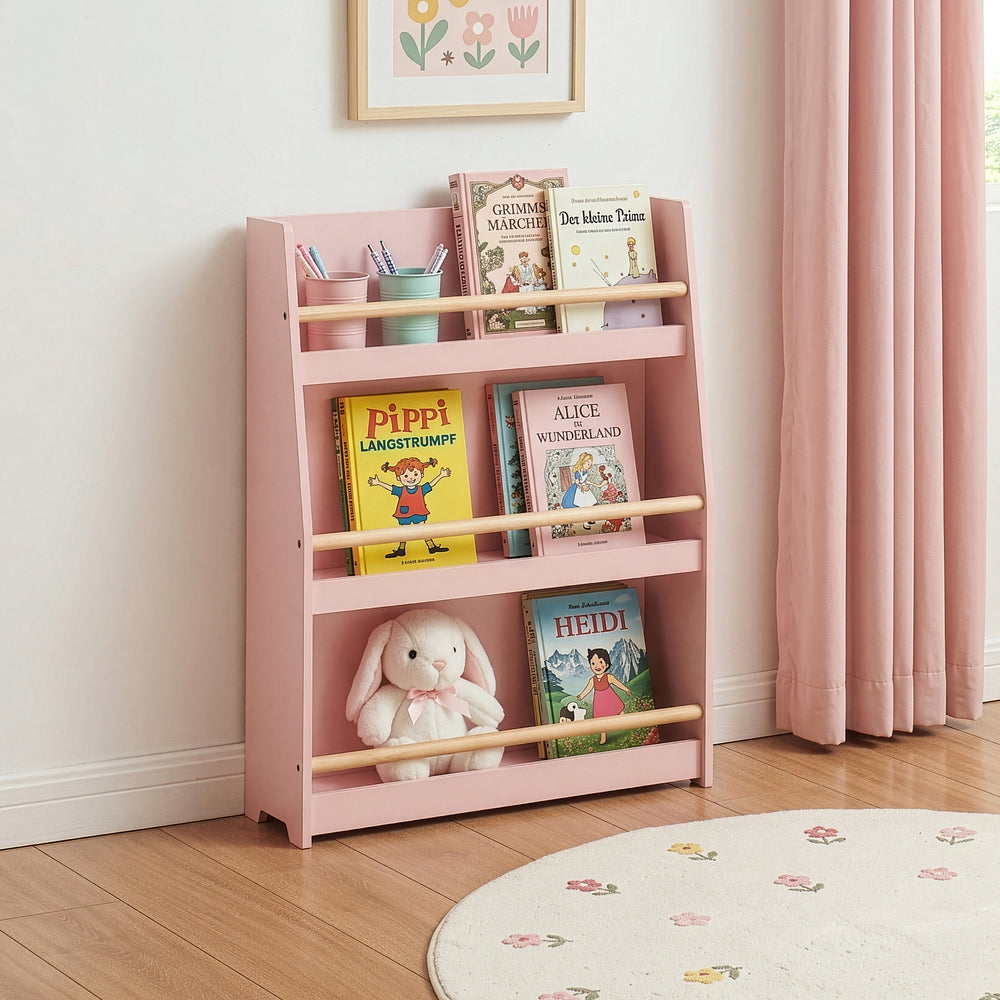 Raft roz pentru carti copii cu 3 spatii depozitare Virer 78x60x18 cm [en.casa]