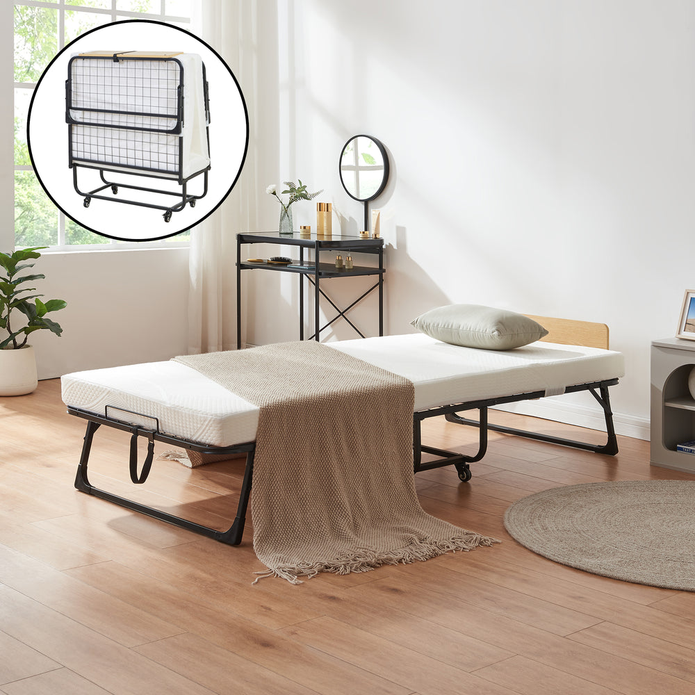 Pat pliabil cu saltea Lustendi 200x90 cm otel negru [en.casa]