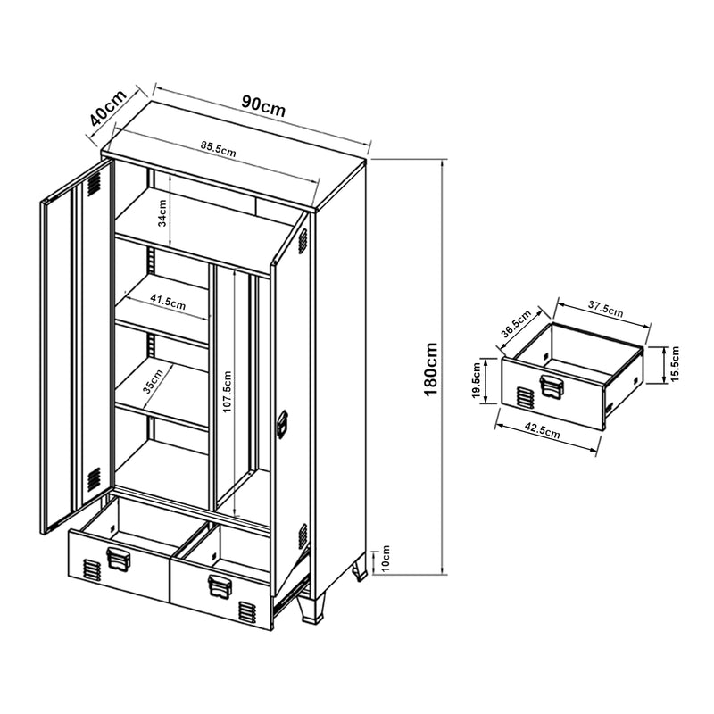 Schiță cotată Dulap haine Hankasalmi 180x90x40cm culori si modele diferite [en.casa]