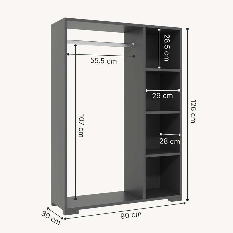 Schiță cotată Dulap haine deschis Nesbyen 126x90x30cm PAL plastic [en.casa]
