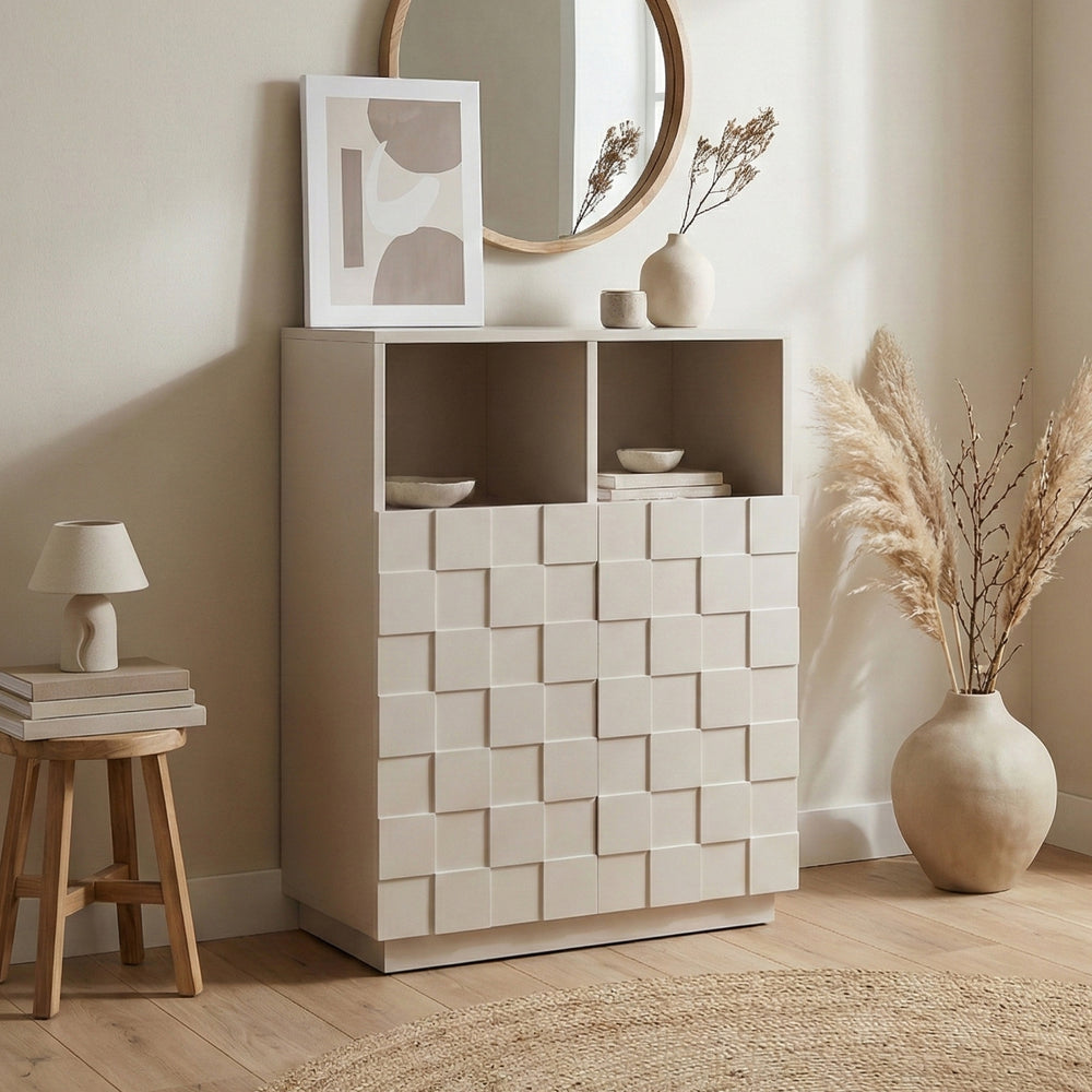 Comoda inalta living Bopibobro cu 2 usi decorative 3D [en.casa]