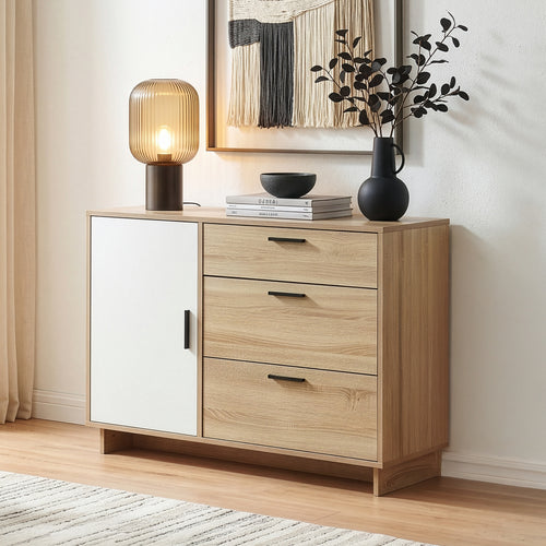 Comoda cu 3 sertare si 1 usa Kenta 100x35x72 cm stejar decor Sonoma/alb [en.casa]