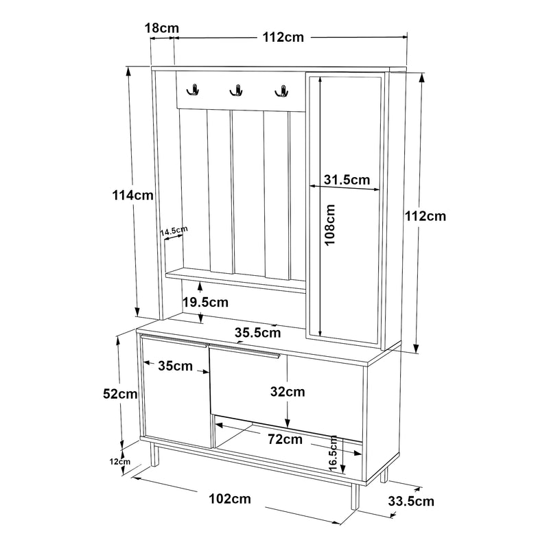 Schiță cotată Cuier hol cu dulap depozitare Vesanto 178x112x35,5cm PAL metal [en.casa]