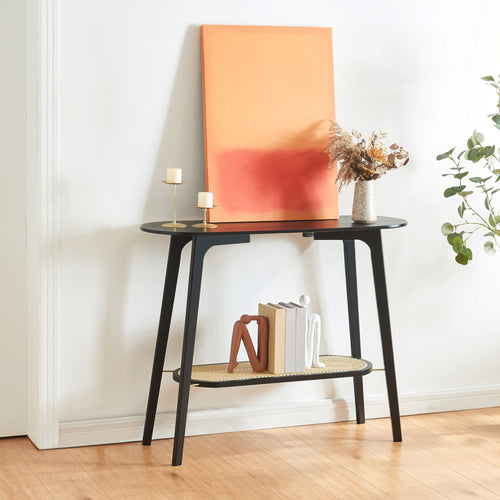 Konsolentisch Taivalkoski 100x35x80 cm Schwarz/Rattanoptik [en.casa] - premiumXL