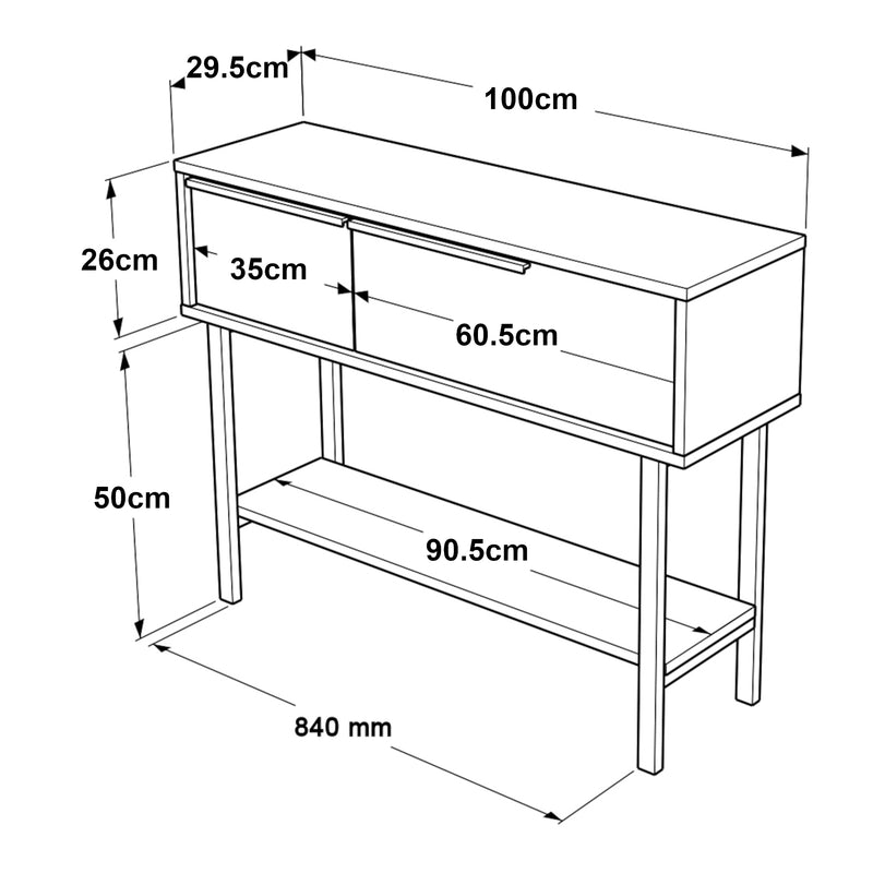 Schiță cotată Masa consola cu 2 usi rabatabile si 1 raft Vesanto 100x29,5x76cm [en.casa]