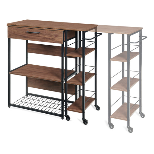 Sistem raft extensibil pe roti cu blat de lucru rotativ Kirhuskyna 130x40x85 cm negru/efect lemn nuc [en.casa]