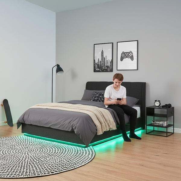 Pat frantuzesc tapitat cu saltea si LED Tröstiar [en.casa]