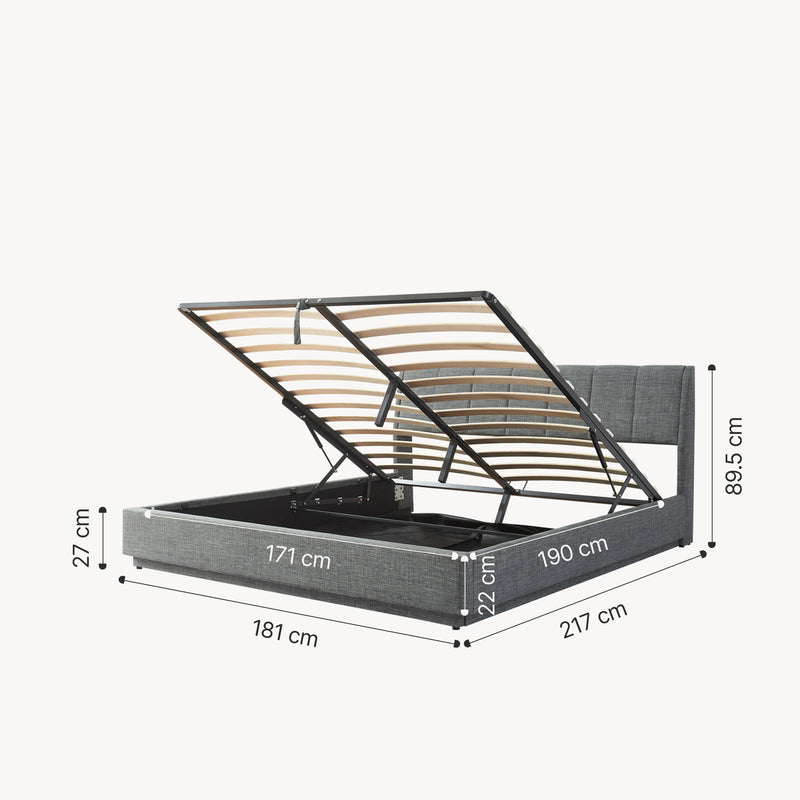 Schiță cotată Pat frantuzesc tapitat cu saltea si LED Tröstiar [en.casa]