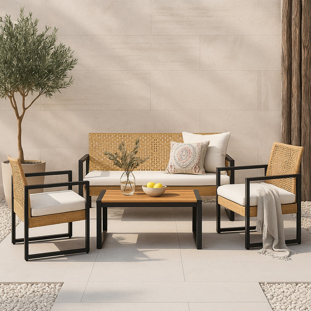 Set mobilier gradina 4 piese Calciano 1 masa 1 banca 2 scaune efect ratan bej [casa.pro]
