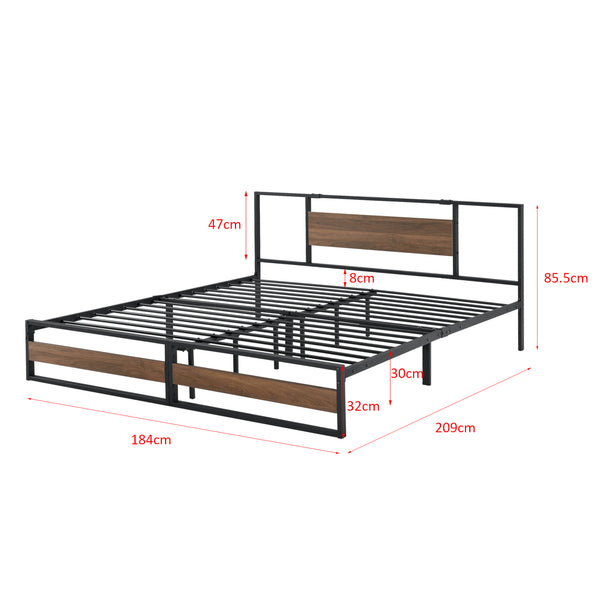 Pat metalic cu saltea Villach negru/efect lemn nuc [en.casa]