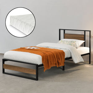 Pat metalic cu saltea Villach negru/efect lemn nuc [en.casa]