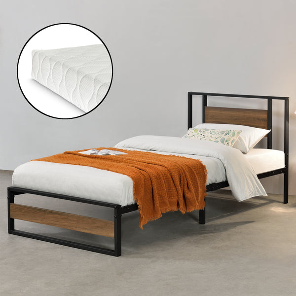 Pat metalic cu saltea Villach negru/efect lemn nuc [en.casa]