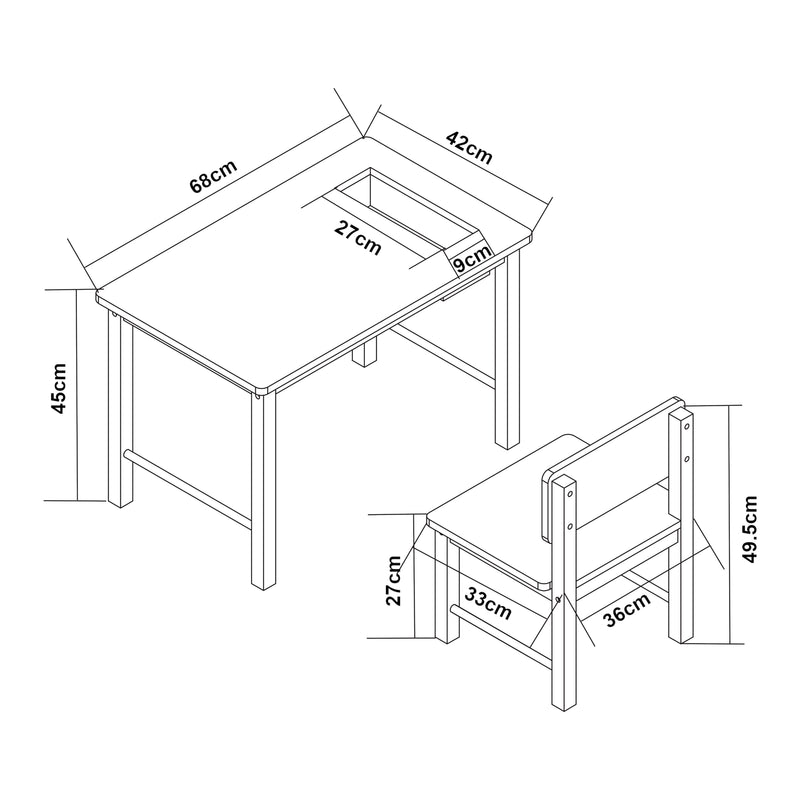 Schiță cotată Set masa cu scaun copii design cu compartiment depozitare Skjåk [en.casa]