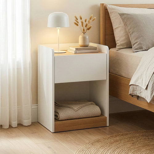 Noptiera cu sertar Kuorshare 55x42x37 cm alb/efect stejar [en.casa]