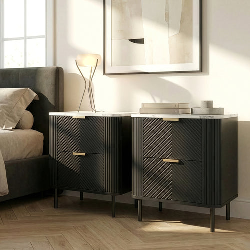Set 2 buc noptiera cu sertare Olvehok 55x52x38 cm albmarmorat/negru [en.casa]