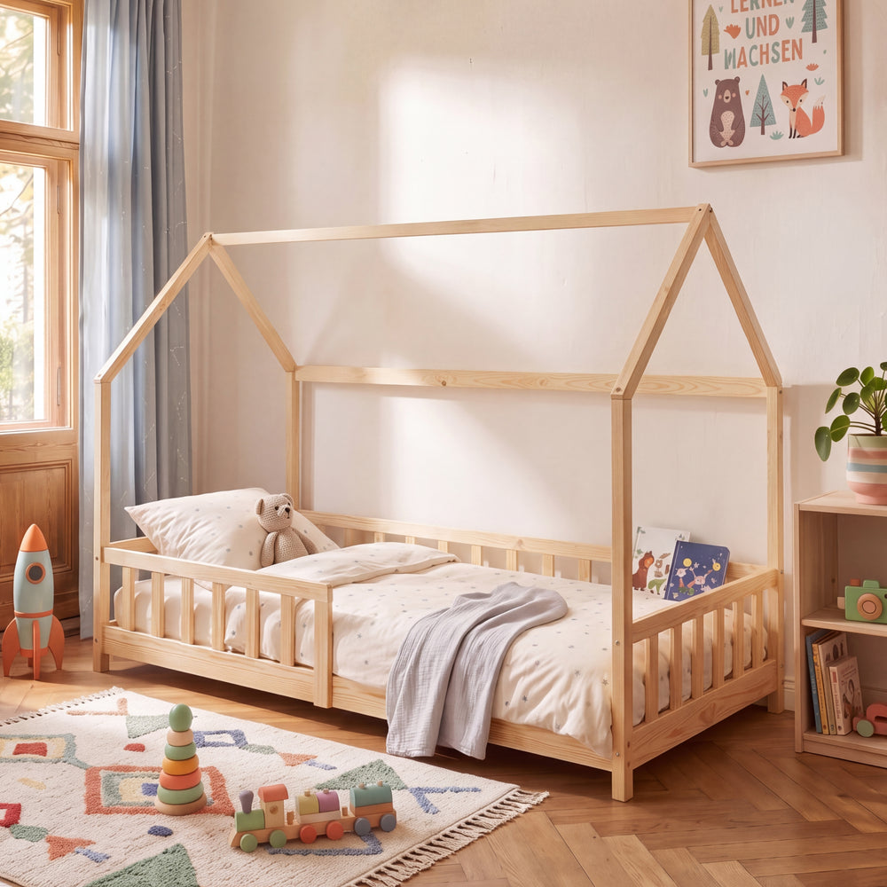Pat casuta copii Hesel cu grilaj protectie 200x140cm lemn [en.casa]