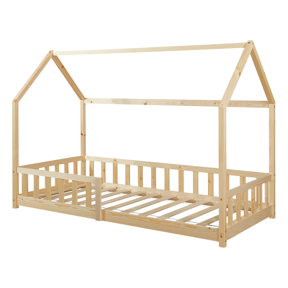 Pat casuta copii Hesel cu grilaj protectie 200x140cm lemn [en.casa]