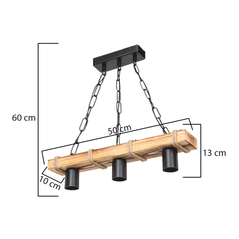 Schiță cotată Lustră suspendată Hemel E27 metal lemn masiv sfoară de iută negru / aspect lemn / culoare iută în diferite dimensiuni [lux.pro]