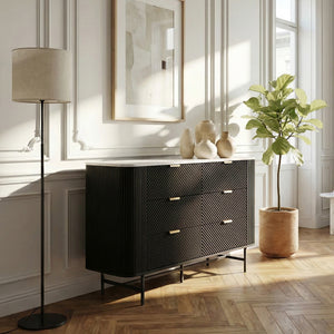 Comoda cu 6 sertare Olvehok 81x120x40 cm alb marmorat/negru [en.casa] 