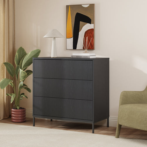 Comoda cu 3 sertare Nykapin 80x80x40 MDF negru structurat [en.casa]