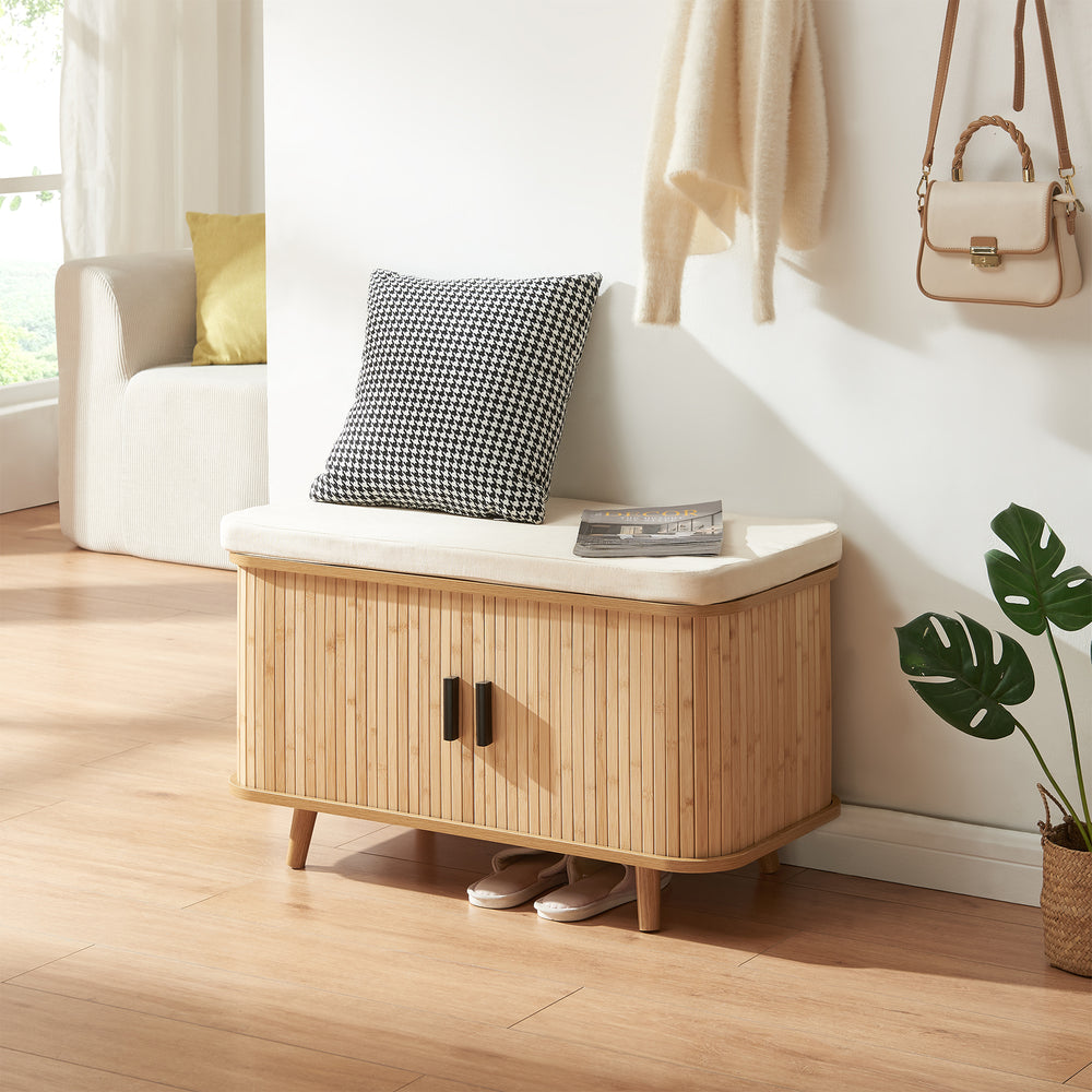 Dulap pantofi - banca cu perna pentru sezut si usi glisante Tvedestrand 50x80x40 cm natur/bej [en.casa]