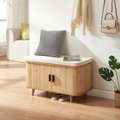 Dulap pantofi - banca cu perna pentru sezut si usi glisante Tvedestrand 50x80x40 cm natur/bej [en.casa]