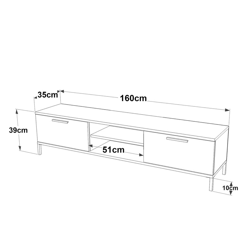 Schiță cotată Comoda TV Lempaala 39x160x35cm cu 2 rafturi [en.casa]
