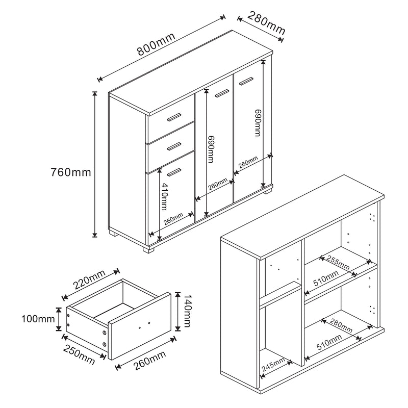 Schiță cotată Sideboard Crimla 76x80x28cm [en.casa]
