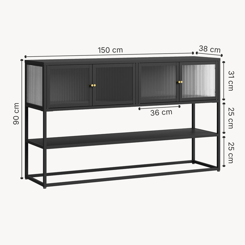 Schiță cotată Comoda Sakyla 150x38x90 cm cu 4 usi sticla [en.casa]