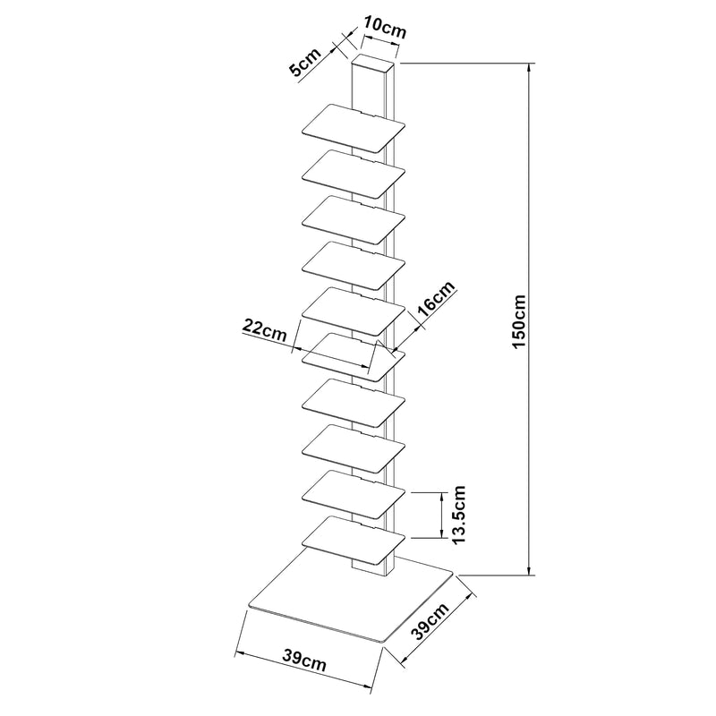 Schiță cotată Raft de sine statator cu 10 polite Eksjö 150x39x39cm otel [en.casa]