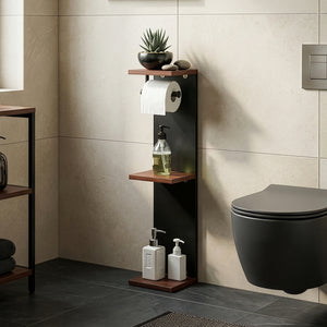 Suport de sine statator pentru hartie WC cu 3 rafturi Trond 77x18x18 cm negru/efect lemn nuc [en.casa]