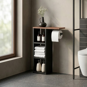 Suport de sine statator pt hartie WC cu 3 compartimente deschise Trond 60x40x16 cm negru/efect lemn nuc [en.casa]