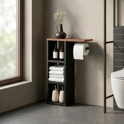 Suport de sine statator pt hartie WC cu 3 compartimente deschise Trond 60x40x16 cm negru/efect lemn nuc [en.casa]