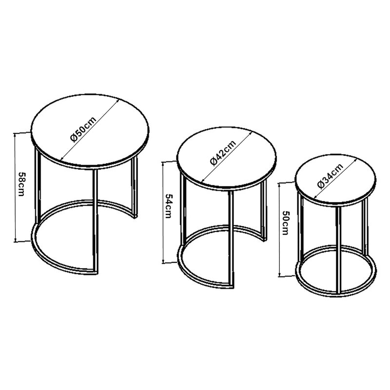 Schiță cotată Masă de cafea Kyyjärvi set de 3 bucăți, culori diferite [en.casa]