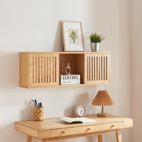Wandregal Grums mit zwei Schiebetüren 92,5x20x33cm Bambus [en.casa] - premiumXL