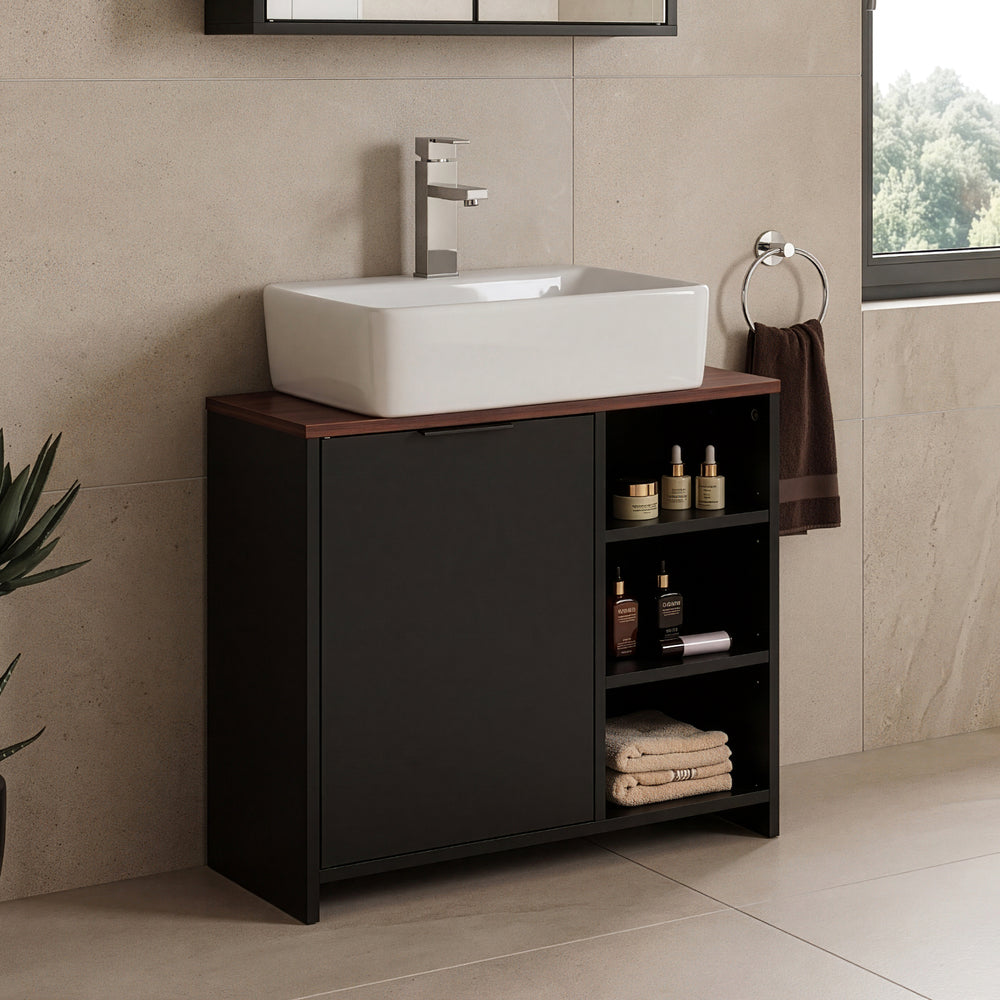 Dulap sub chiuveta cu 1 usa si 3 rafturi Trond 60x66x30 cm negru/efect lemn nuc  [en.casa]