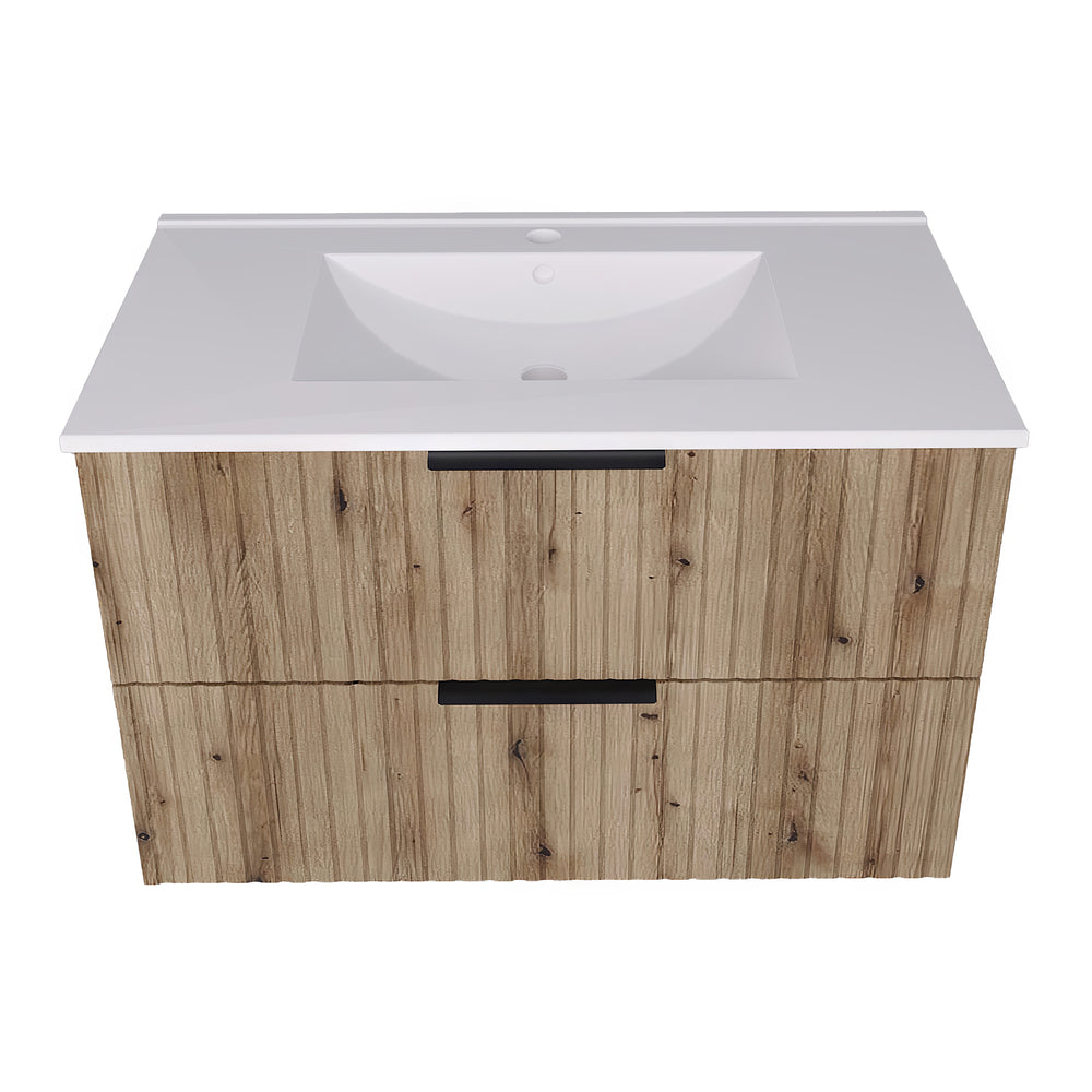 Set dulap baie cu lavoar Veppenssan efect lemn stejar [en.casa]