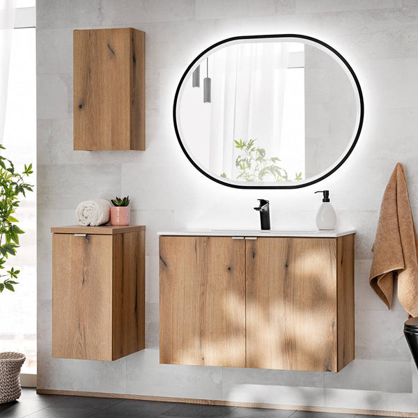 Set dulap perete baie cu lavoar 3x Newport efect stejar [en.casa]