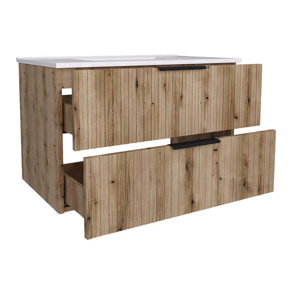 Set dulap baie cu lavoar Veppenssan efect lemn stejar [en.casa]