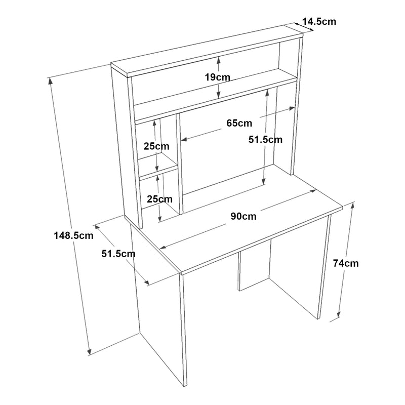 Schiță cotată Birou cu raft Tópisa 148,5x90x51,5 cm  [en.casa]