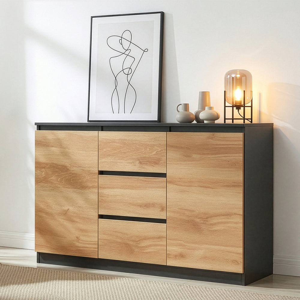 Comoda cu usi si sertare Kyr negru/efect stejar rustic [en.casa]