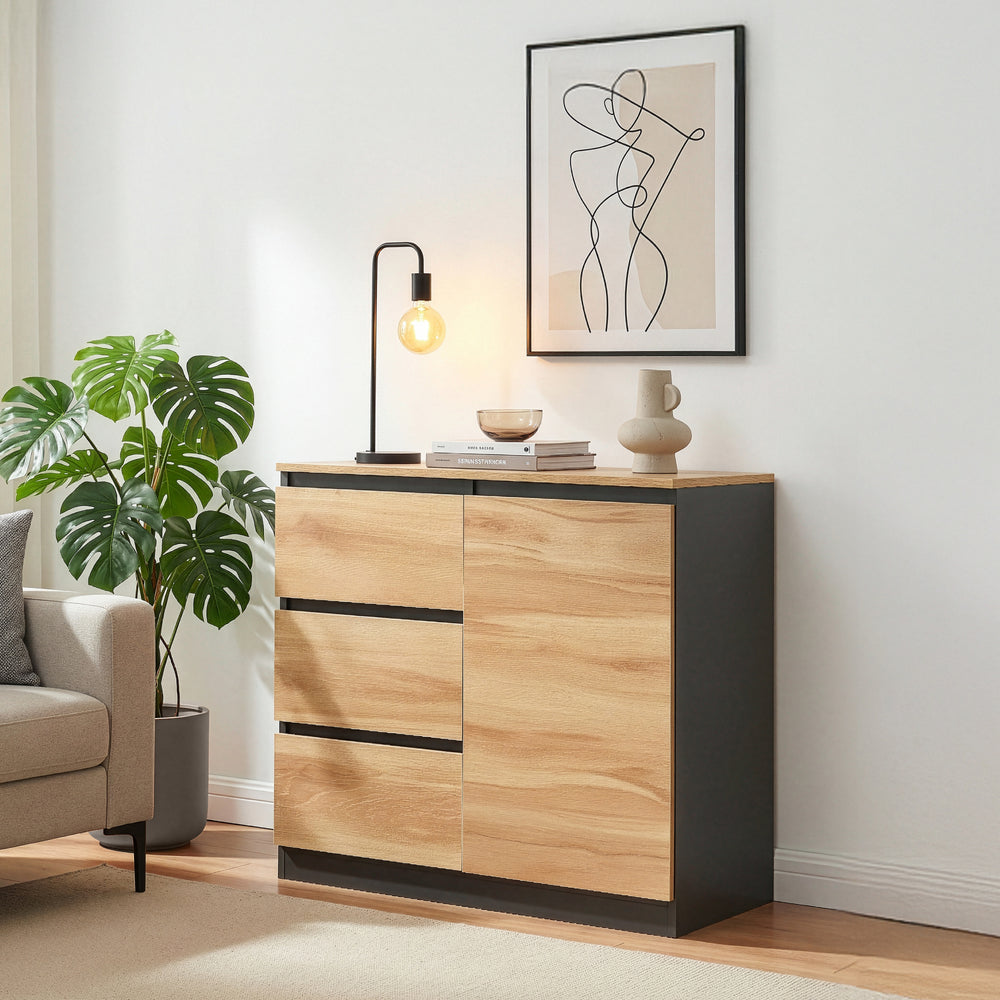 Comoda cu usi si sertare Kyr negru/efect stejar rustic [en.casa]