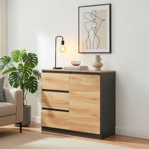Comoda cu usi si sertare Kyr negru/efect stejar rustic [en.casa]