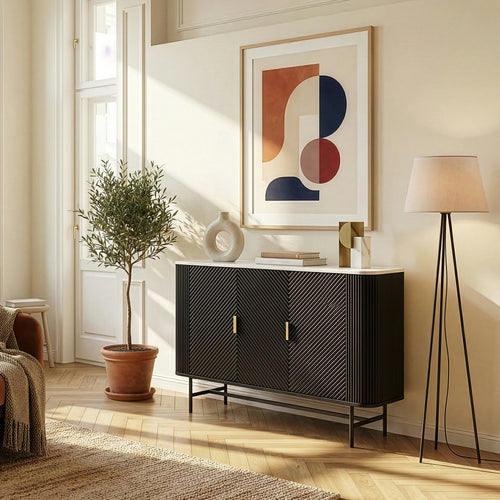 Servanta cu 3 usi Olvehok 110x40x77 cm alb marmorat/negru [en.casa]