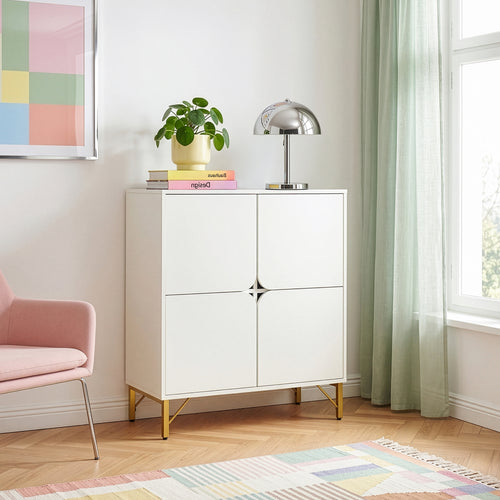Comoda cu 4 usi si cadru metalic  Reyri 90x80x35 cm alb/auriu [en.casa]