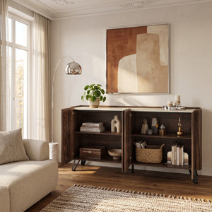 Comoda cu 4 usi Trorlon 160x40x83 cm efect lemn nuc/efect travertin/negru [en.casa]