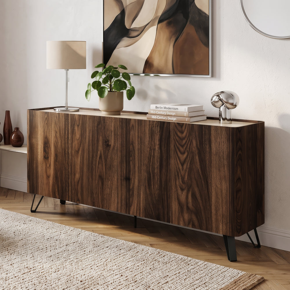 Comoda cu 4 usi Trorlon 160x40x83 cm efect lemn nuc/efect travertin/negru [en.casa]