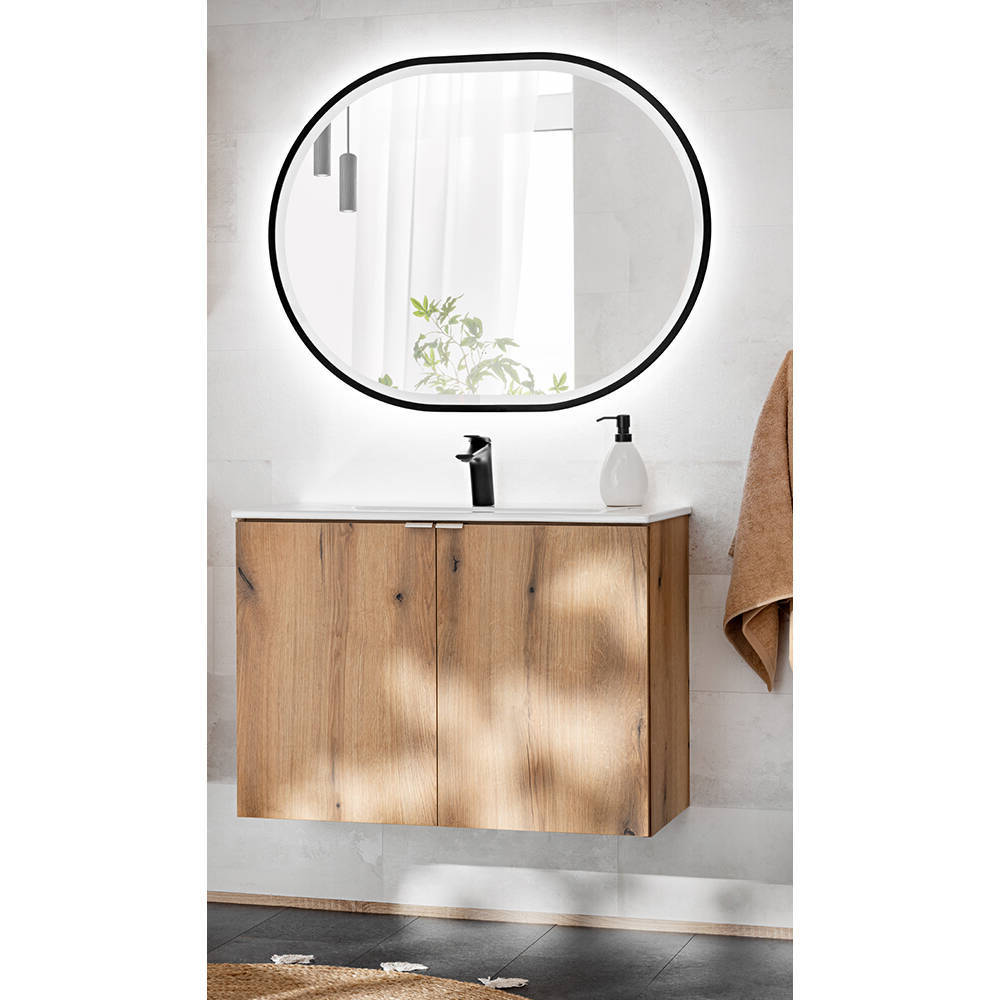 Set dulap baie cu lavoar si oglinda cu LED 94 Newport efect lemn stejar [en.casa]